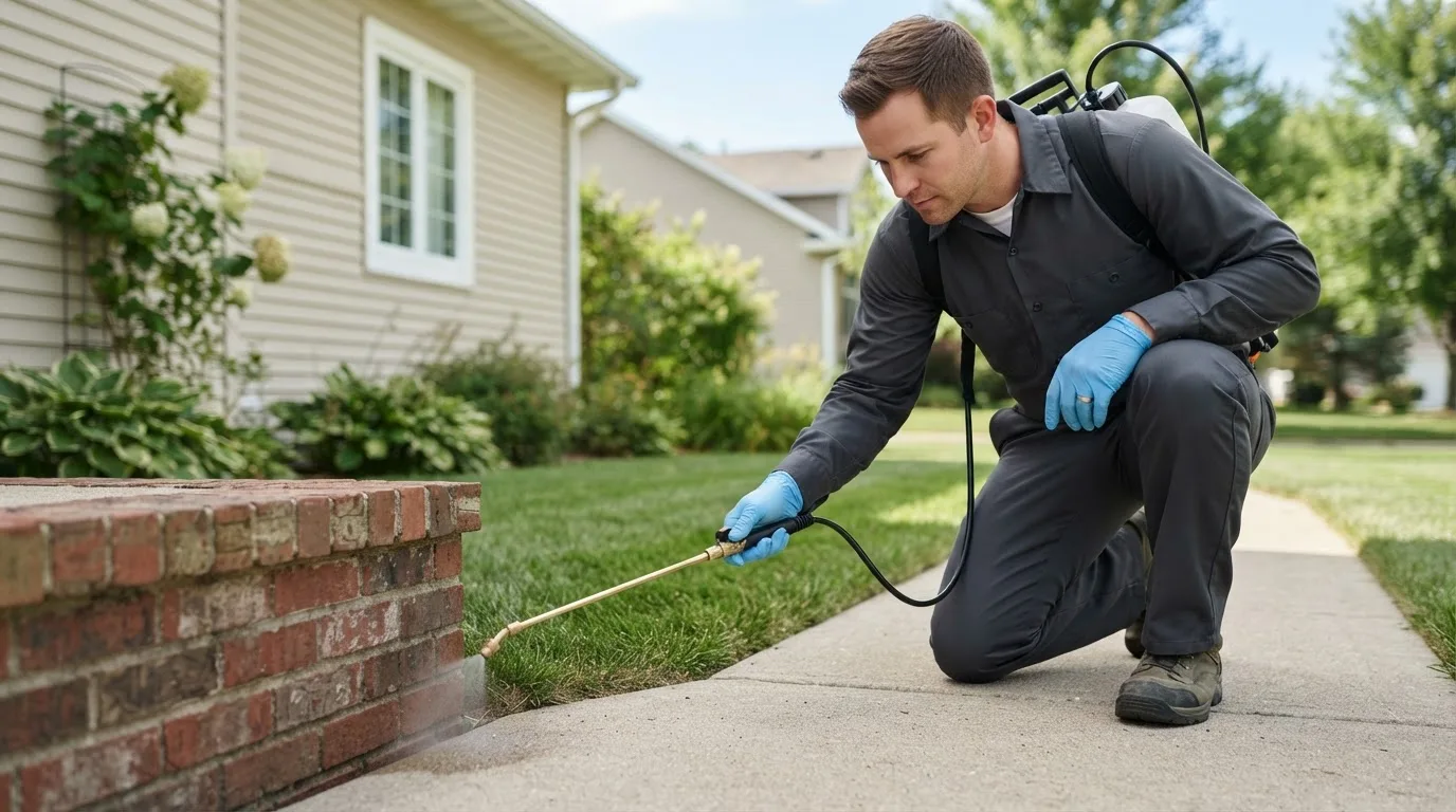 Pest control technician treating a home near Eckerty, IN